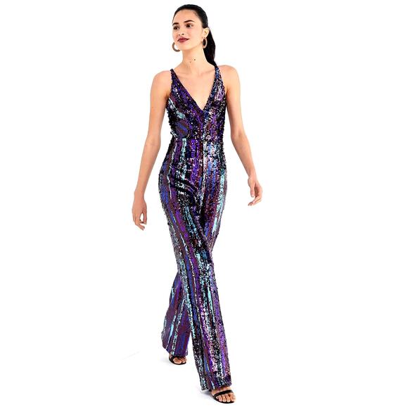 Dress The Population Charlie Sequin Jumpsuit S Sleeveless Plunging V-Neckline - Picture 1 of 12